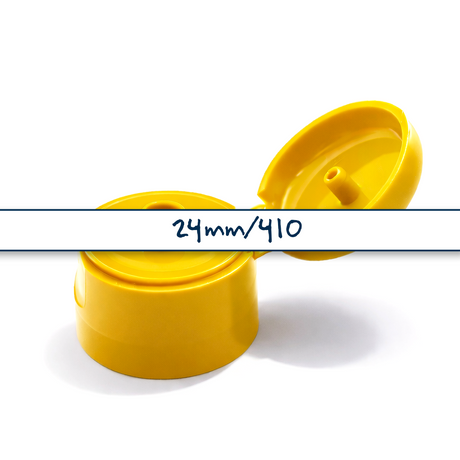 Yellow flip top caps for cosmetic and personal care bottles, ideal for shampoos, lotions and liquid packaging