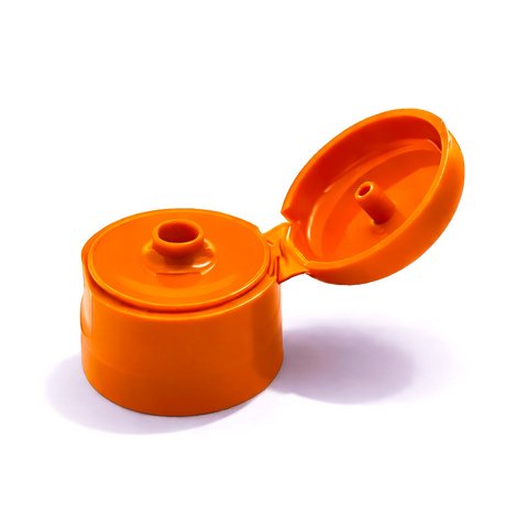 Orange flip top caps for cosmetic and personal care bottles, ideal for shampoos, lotions and liquid packaging