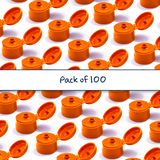 Orange flip top caps for cosmetic and personal care bottles, ideal for shampoos, lotions and liquid packaging