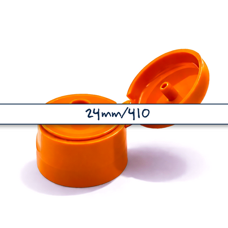 Orange flip top caps for cosmetic and personal care bottles, ideal for shampoos, lotions and liquid packaging