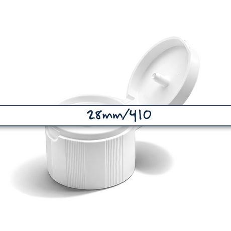 28mm Flip top caps for cosmetic and personal care bottles, ideal for shampoos, lotions and liquid packaging