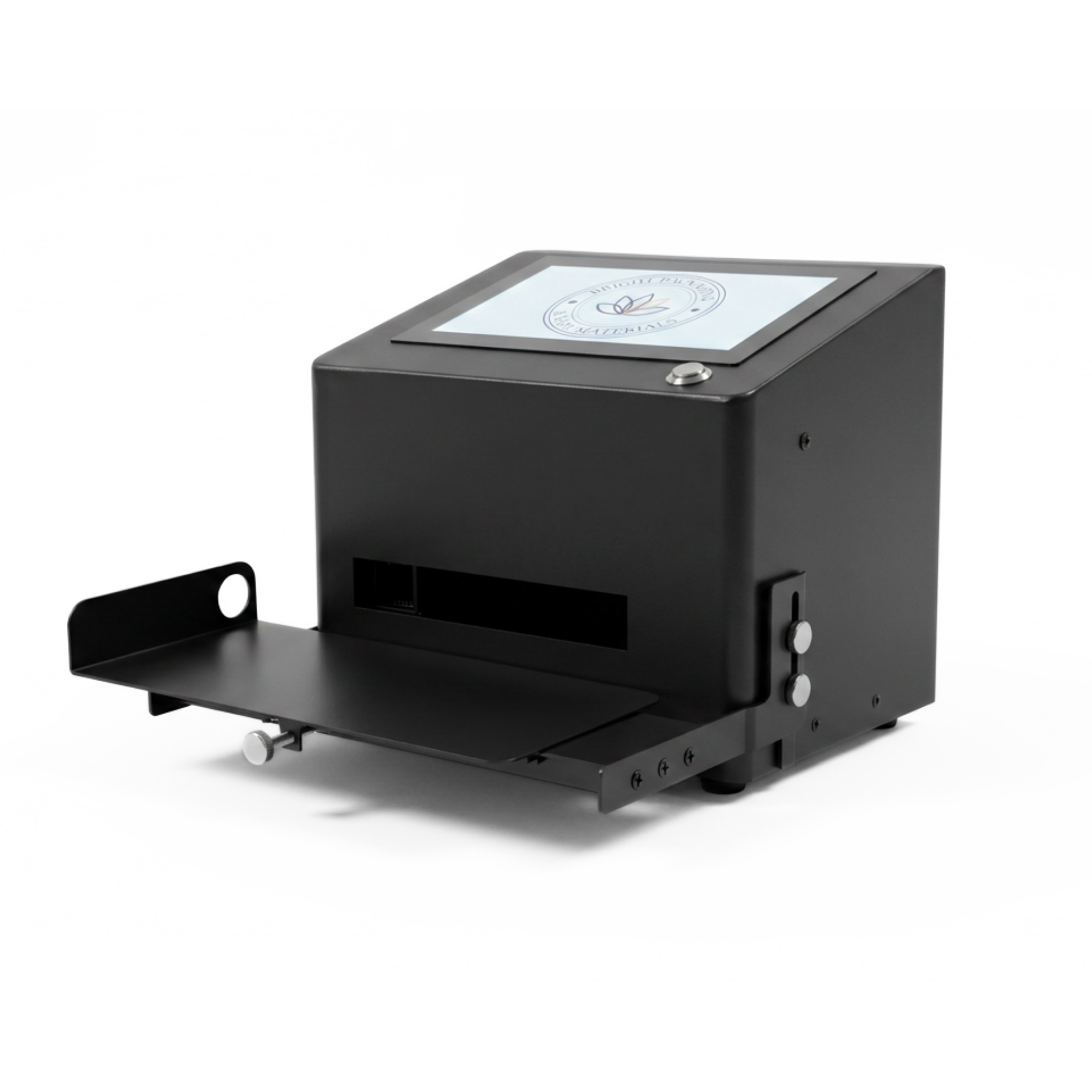 Black desktop printer with a screen on a white background