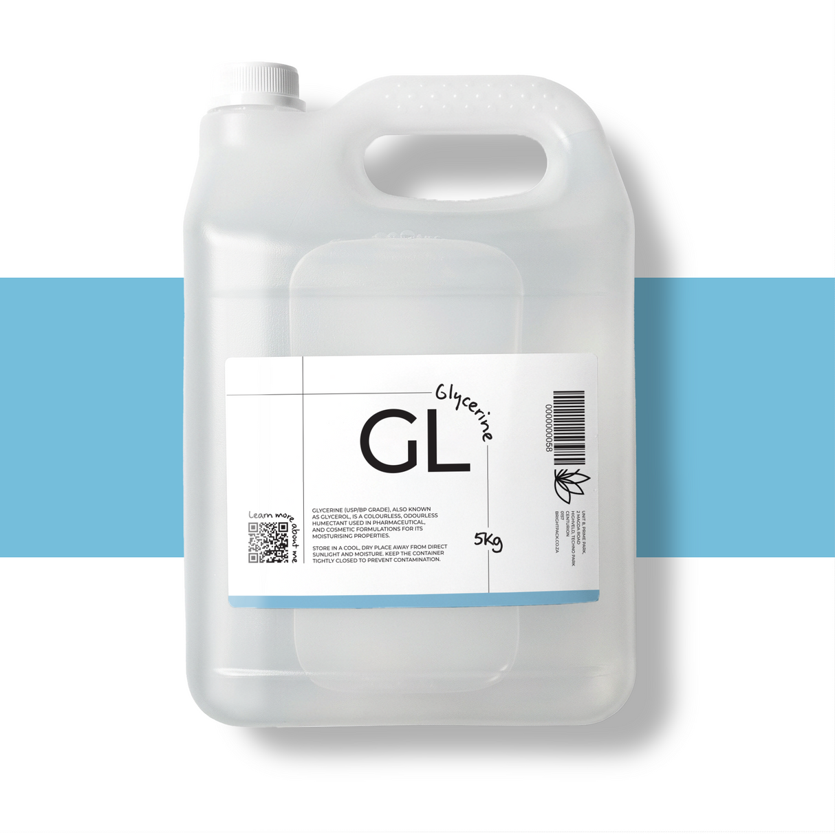 5Kg Glycerine USP BP Grade cosmetic liquid, colourless and odourless humectant used in skincare, soaps, and formulations for moisturising and hydration