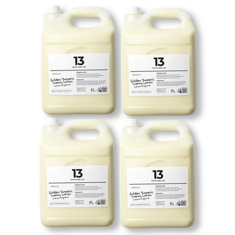 Four large containers of 'Golden Turmeric' laundry lotion with label number 13 on a white background.