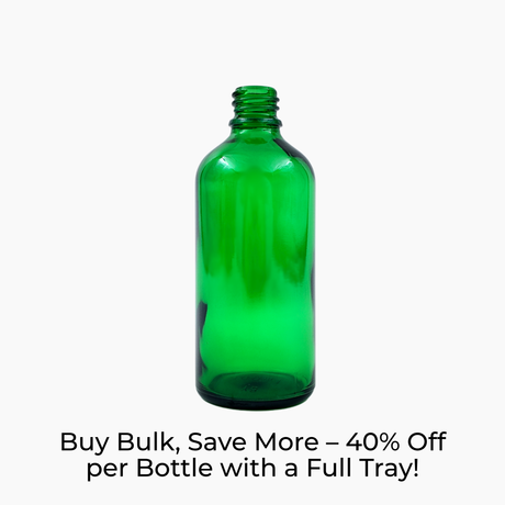 Green 100ml glass dropper bottle on white background with label text