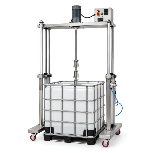 IBC / Flowbin Electric Mixer with Pneumatic Lift for industrial mixing up to 1000L.