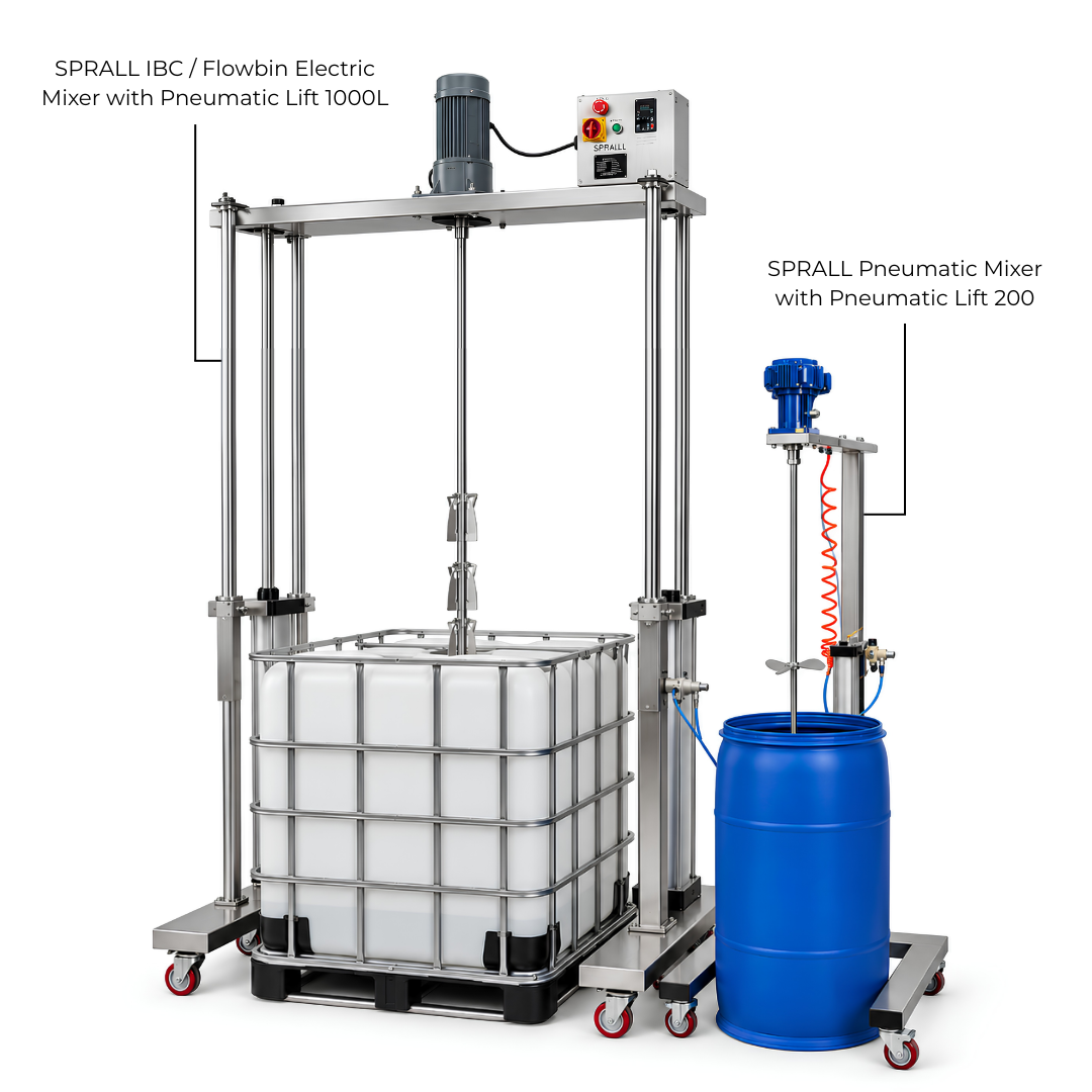 Size comparison of the 1000L IBC / Flowbin Electric Mixer and 200L industrial mixer
