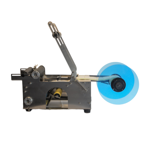 A semi-automatic round bottle labeling machine with a blue label in the process of being labeled, featuring a stainless steel and aluminum body.