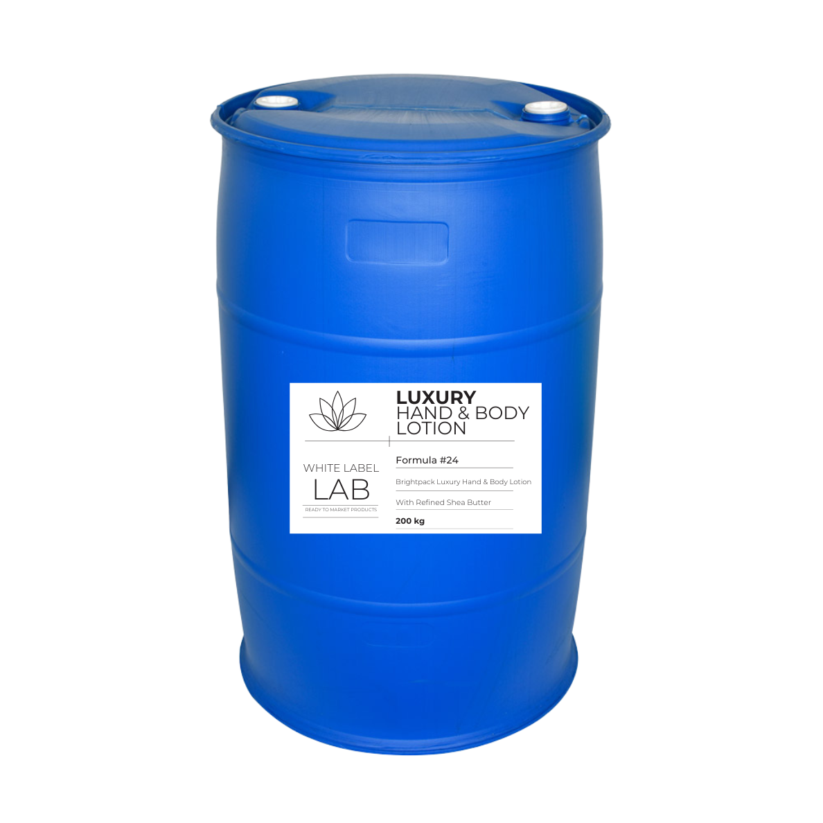 Large 200kg drum of luxury hand and body lotion, designed for bulk buyers, skincare manufacturers, and private label brands seeking high-quality, hydrating lotion.