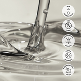 Mineral oil being poured with icons indicating non-comedogenic, non-toxic, multi-purpose, clear & odourless, and pharmaceutical grade properties.