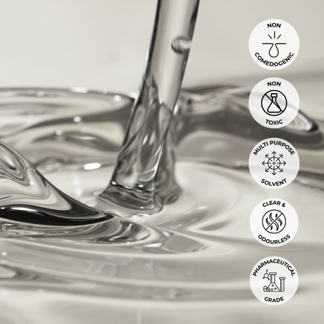 Mineral oil being poured with icons indicating non-comedogenic, non-toxic, multi-purpose, clear & odourless, and pharmaceutical grade properties.
