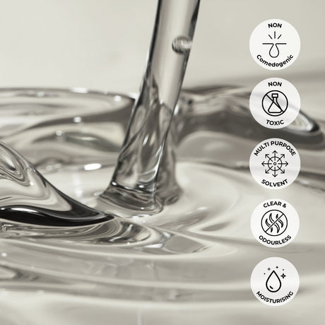 Close-up of mineral oil container label showing product features - non-comedogenic, non-toxic, mutli purpose solvent, clear and odourless, moisturising