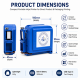 Compact portable inkjet printer with dimensions and features on a white background