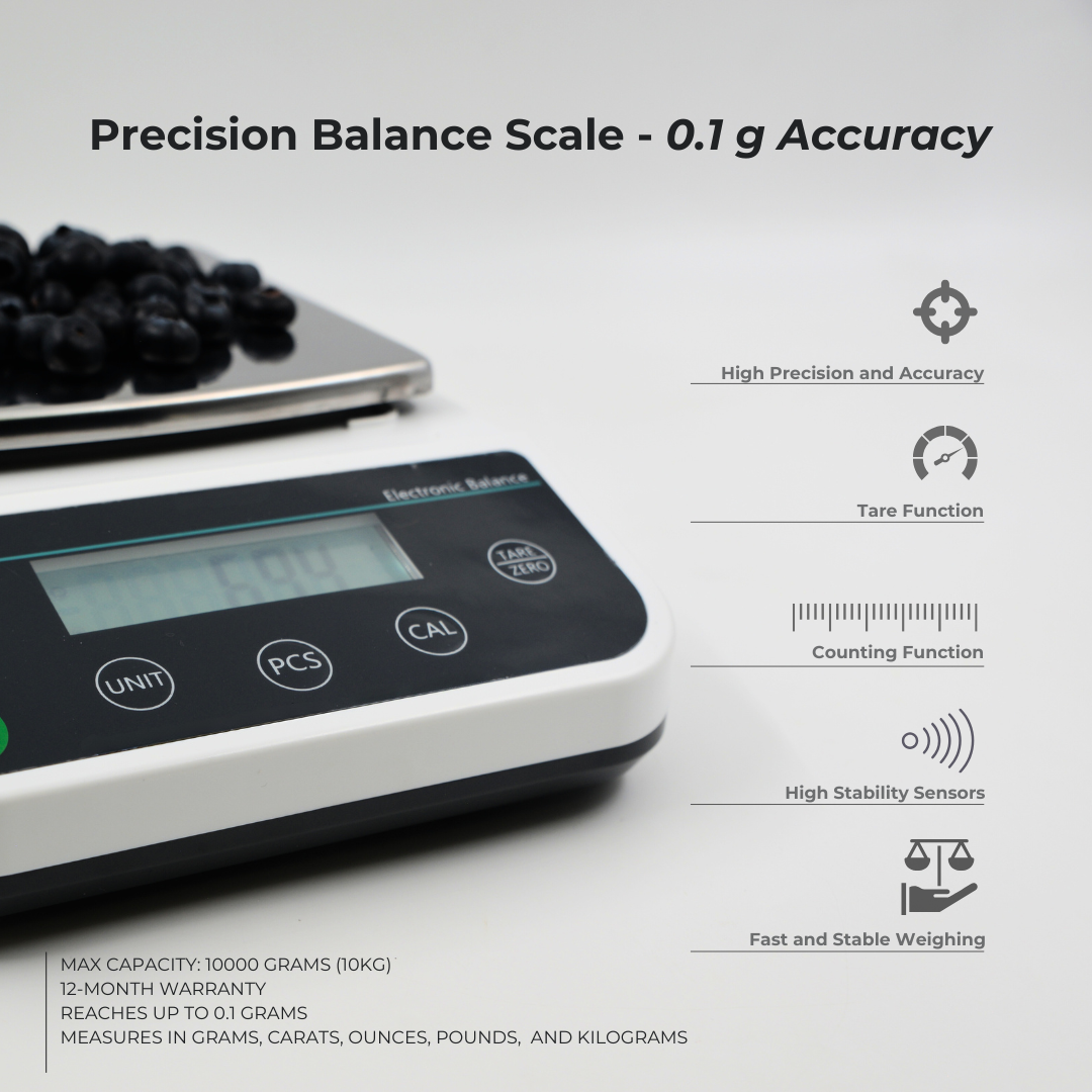 Digital precision balance scale with 0.1g accuracy showing tare and counting functions, compact LCD display, and flat weighing platform for accurate small-item measurements.