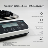 Digital precision balance scale with 0.1g accuracy showing tare and counting functions, compact LCD display, and flat weighing platform for accurate small-item measurements.