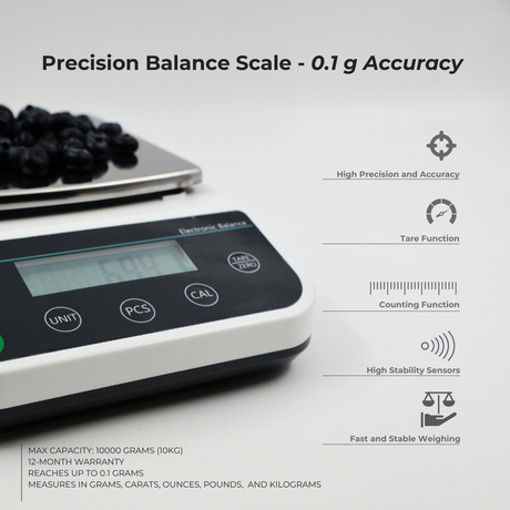 Digital precision balance scale with 0.1g accuracy showing tare and counting functions, compact LCD display, and flat weighing platform for accurate small-item measurements.
