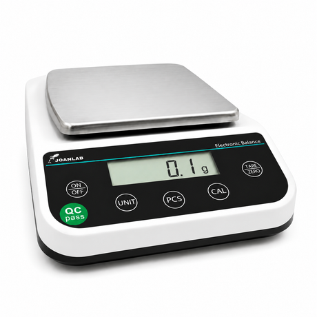 Precision Balance Scale with stainless steel weighing platform and digital display showing 0.1 g.