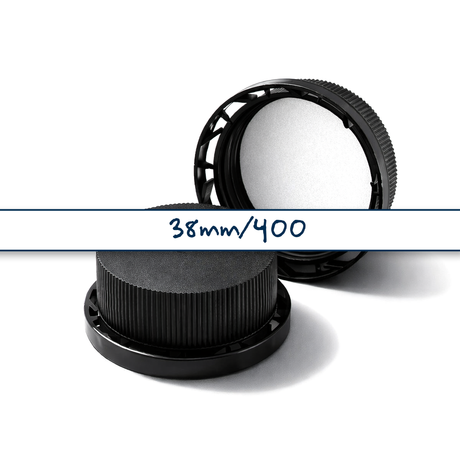 38 mm ratchet cap with EPE liner for plastic bottles, providing secure closure for pharmaceutical, supplement and chemical packaging