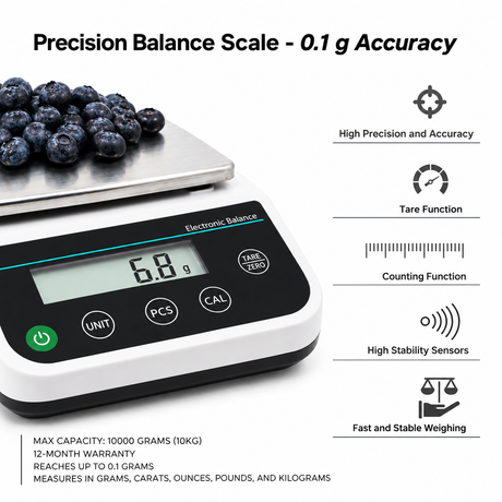 Precision Balance Scale with 0.1 g accuracy, featuring tare and counting functions, stability sensors and a 10 kg maximum capacity.