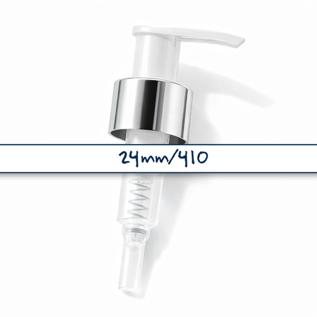 24 mm silver collar lotion and soap pump for cosmetic bottles, ideal for handwash, lotions and liquid personal care products