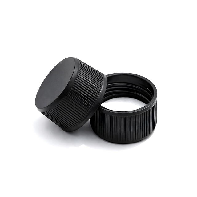 Black 28 mm standard cap with EPE liner for plastic bottles, suitable for cosmetic, personal care and liquid packaging