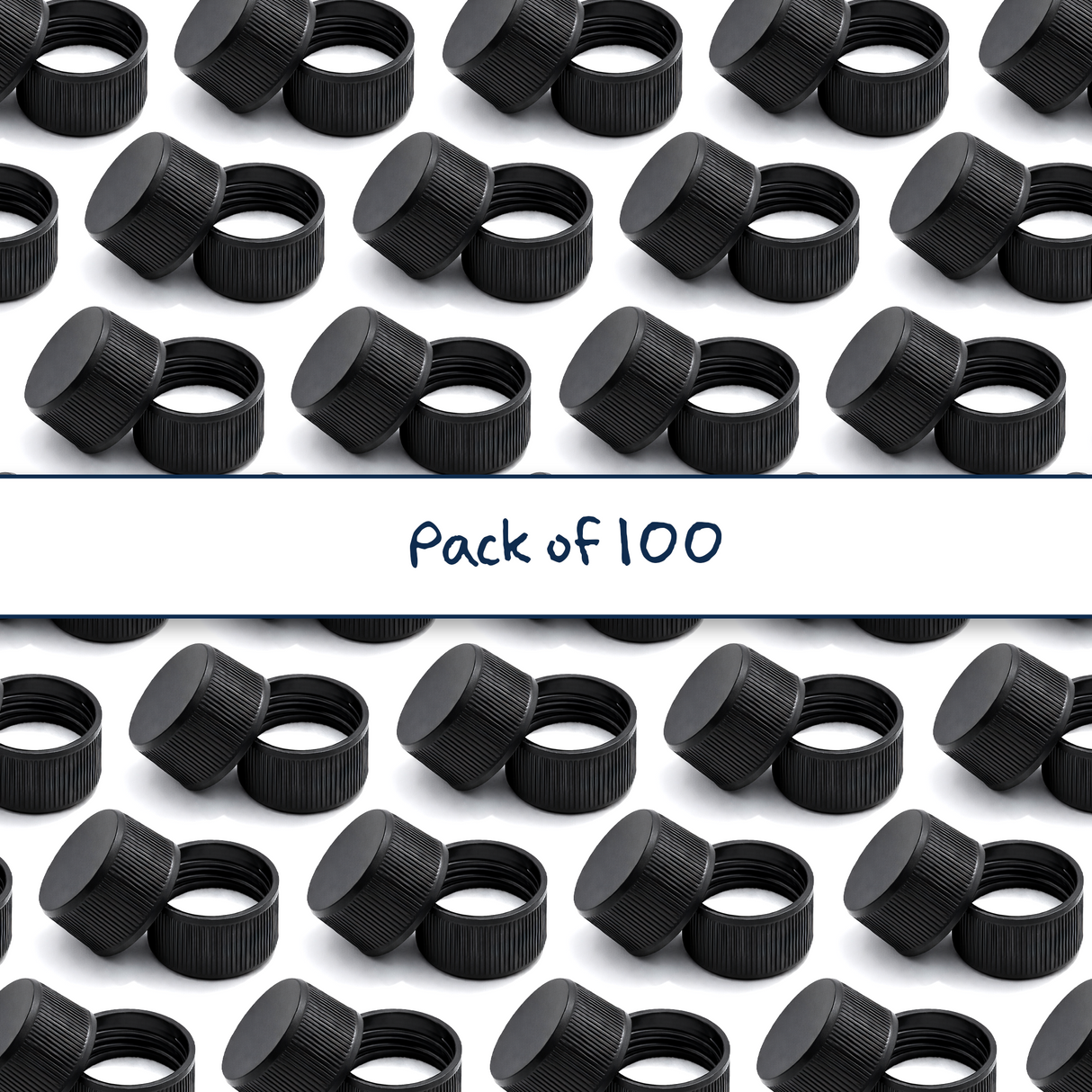 Multiple black 28 mm standard cap with EPE liner for plastic bottles, suitable for cosmetic, personal care and liquid packaging