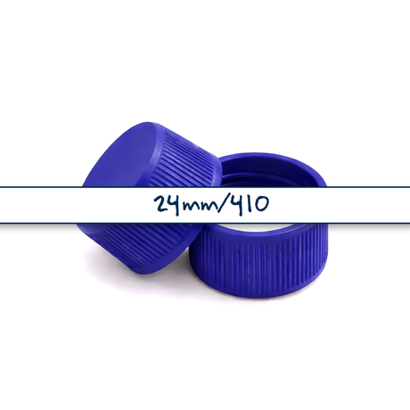 Blue 24mm standard cap with EPE liner for plastic bottles, suitable for cosmetic, personal care and liquid packaging