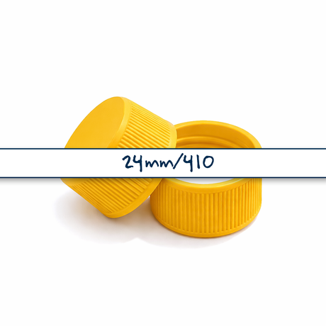 Yellow 24mm standard cap with EPE liner for plastic bottles, suitable for cosmetic, personal care and liquid packaging