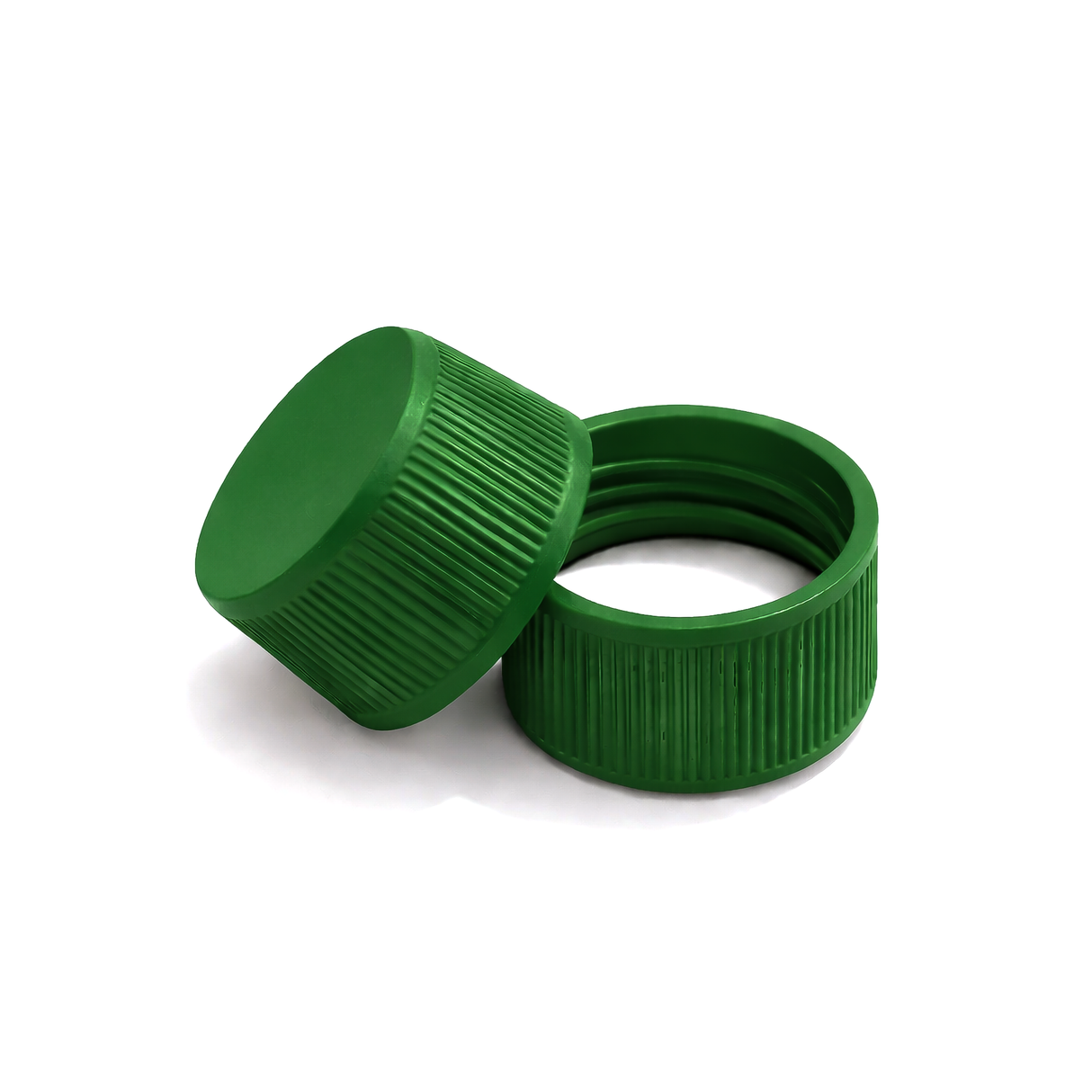 Green 24mm standard cap with EPE liner for plastic bottles, suitable for cosmetic, personal care and liquid packaging