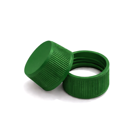 Green 24mm standard cap with EPE liner for plastic bottles, suitable for cosmetic, personal care and liquid packaging