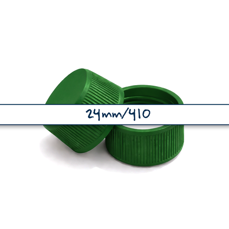 Green 24mm standard cap with EPE liner for plastic bottles, suitable for cosmetic, personal care and liquid packaging