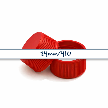 Red 24mm standard cap with EPE liner for plastic bottles, suitable for cosmetic, personal care and liquid packaging