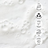 Foamy liquid with icons indicating mild surfactant, biodegradable, vegan friendly, cosmetic use, and foaming agent.