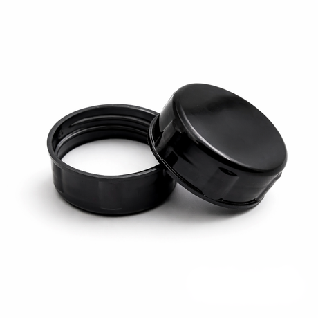 Black 38 mm tablet container cap with EPE liner for pharmaceutical, supplement and pill packaging