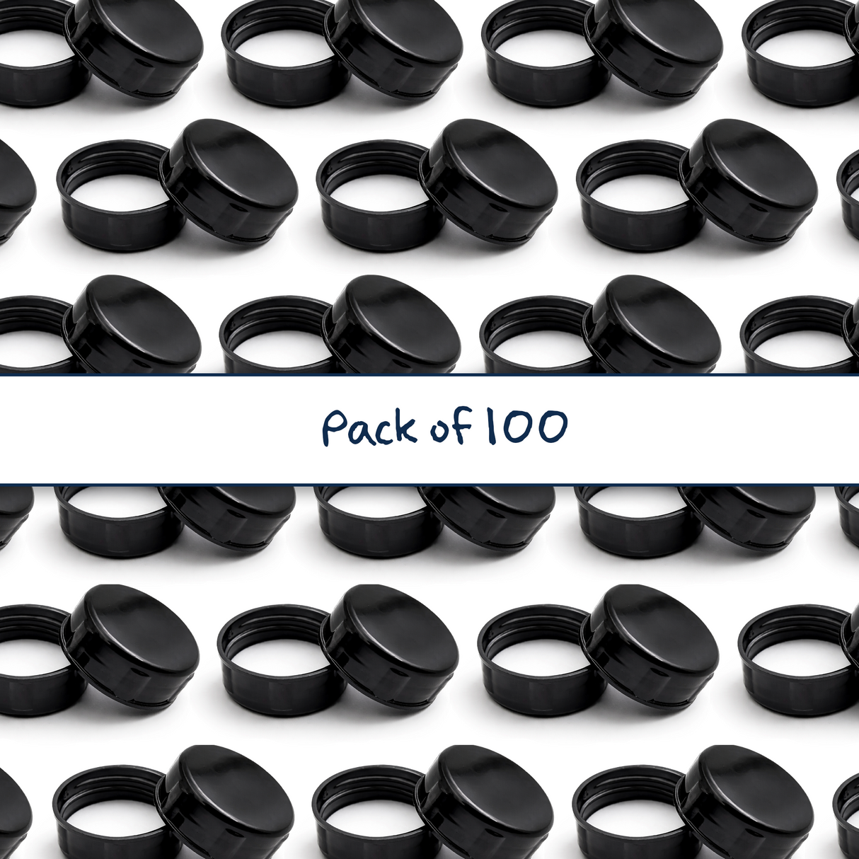 Multiple black 38 mm tablet container caps with EPE liner for pharmaceutical, supplement and pill packaging