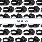 Multiple black 38 mm tablet container caps with EPE liner for pharmaceutical, supplement and pill packaging