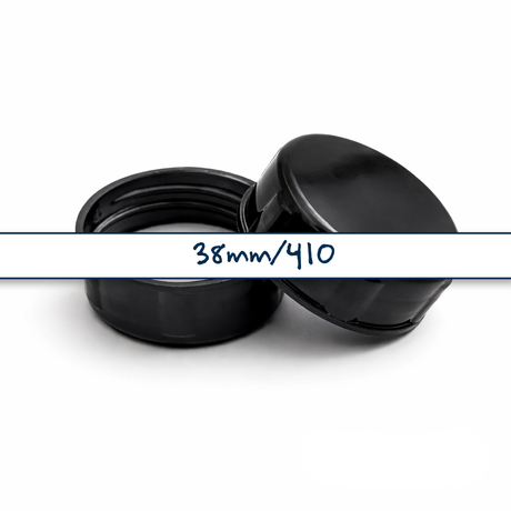 Black 38 mm tablet container cap with EPE liner for pharmaceutical, supplement and pill packaging