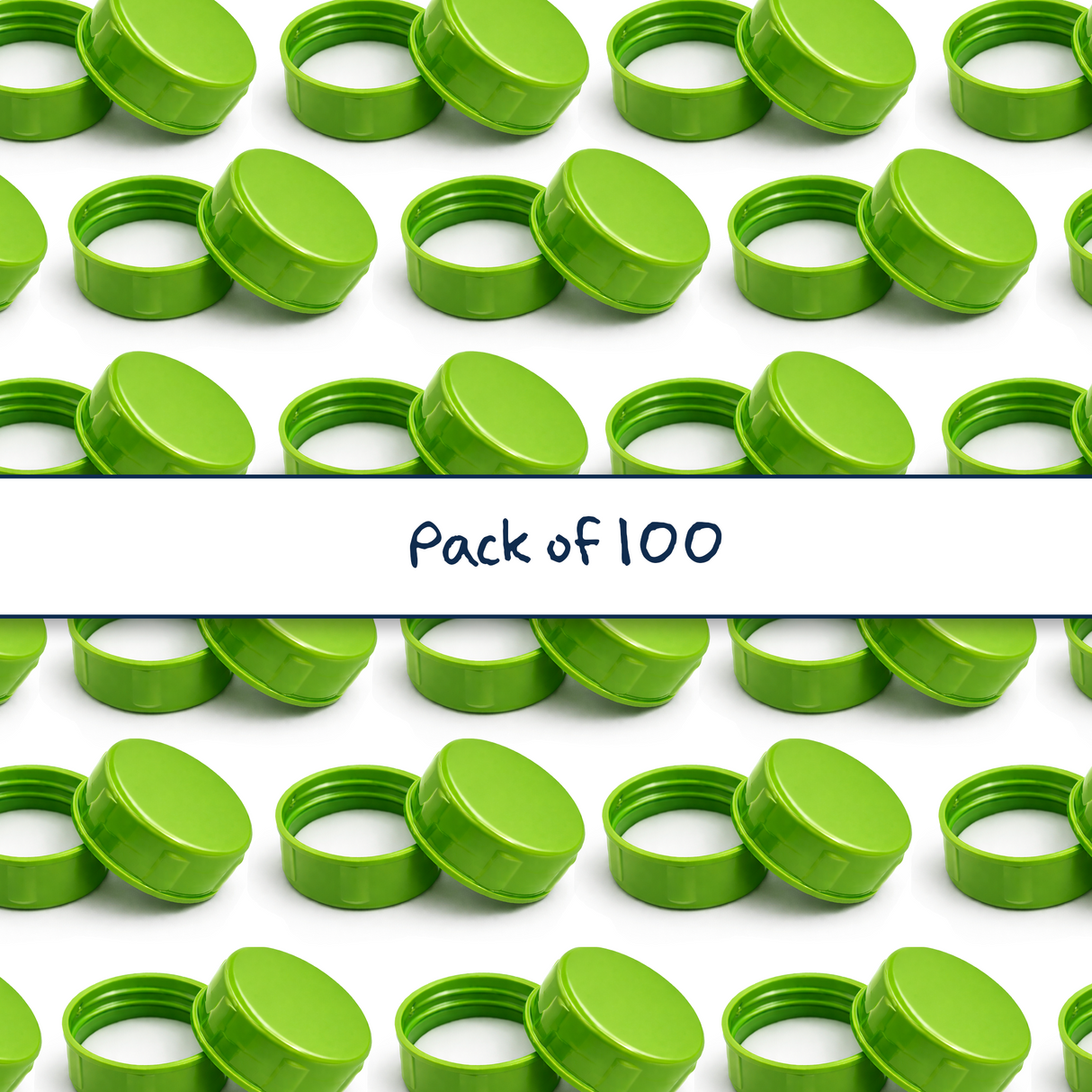 Multiple light green 38 mm tablet container caps with EPE liner for pharmaceutical, supplement and pill packaging