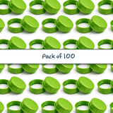 Multiple light green 38 mm tablet container caps with EPE liner for pharmaceutical, supplement and pill packaging