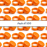 Multiple orange 38 mm tablet container caps with EPE liner for pharmaceutical, supplement and pill packaging