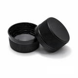 Black 28 mm tamper evident cap for plastic bottles, ideal for cosmetic, pharmaceutical and liquid product packaging