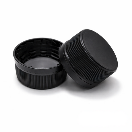 Black 28 mm tamper evident cap for plastic bottles, ideal for cosmetic, pharmaceutical and liquid product packaging