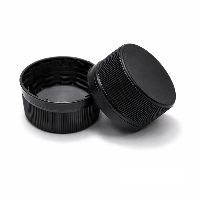 Black 28 mm tamper evident cap for plastic bottles, ideal for cosmetic, pharmaceutical and liquid product packaging