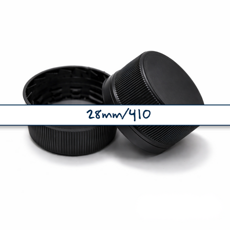 Black 28 mm tamper evident cap for plastic bottles, ideal for cosmetic, pharmaceutical and liquid product packaging