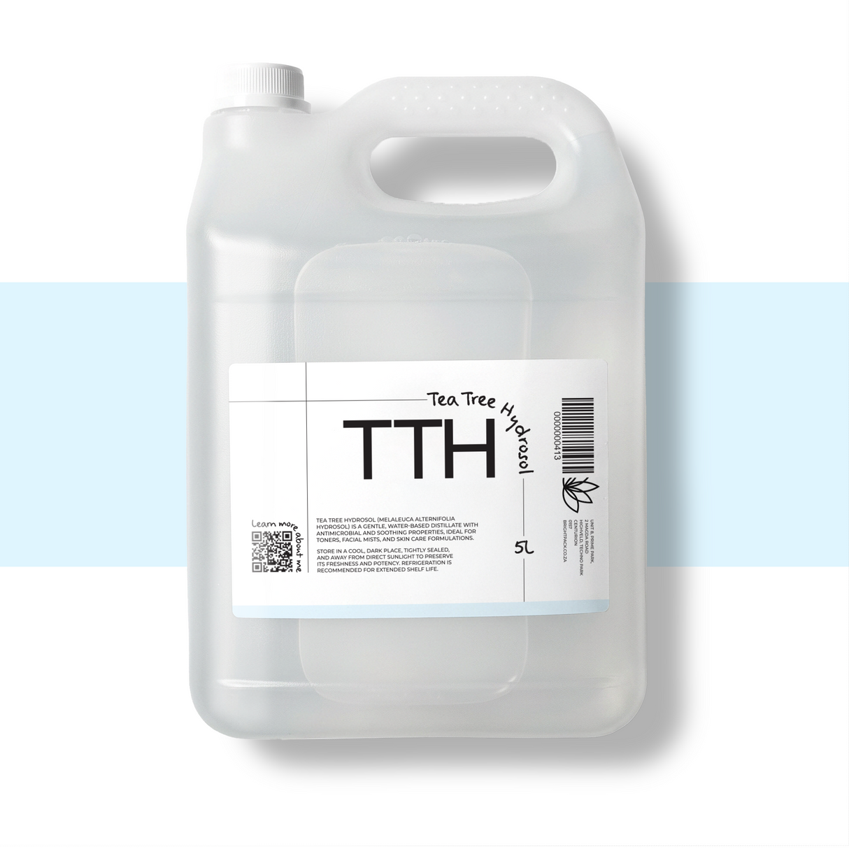 5L Tea Tree Hydrosol in bottle, ideal for toners, facial mists, acne care, and DIY skincare formulations for soothing and refreshing skin