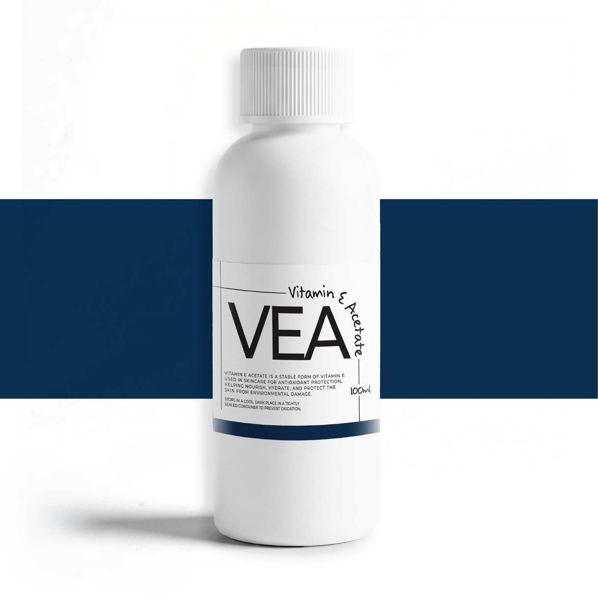 Vitamin E Acetate oil 100ml, stable form of Vitamin E used in skincare for antioxidant protection, hydration, and repairing skin in creams, lotions, and serums