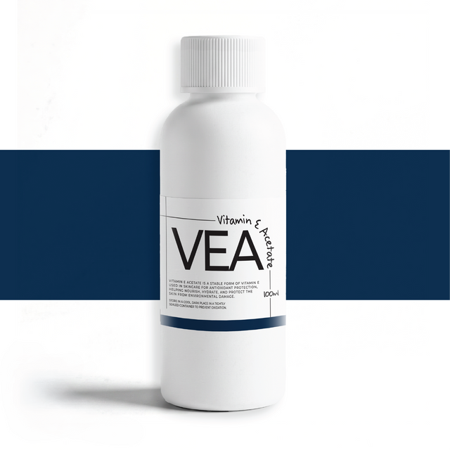 Vitamin E Acetate oil 100ml, stable form of Vitamin E used in skincare for antioxidant protection, hydration, and repairing skin in creams, lotions, and serums