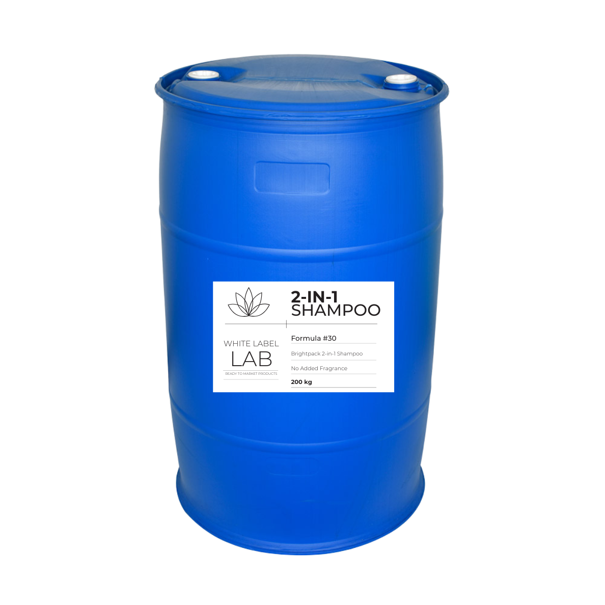 Bulk buying option for 2-in-1 shampoo 200kg . Large blue 200kg drum labelled Brightpack 2-in-1 Shampoo #30 for bulk supply option