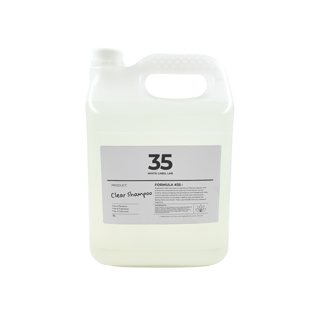 Brightpack Clear Shampoo #35 in a 5L clear jerry can with labelled product information