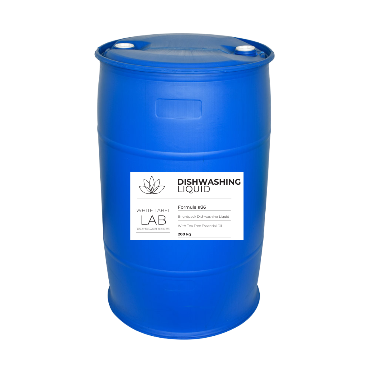 Large blue 200kg drum labelled Brightpack Ultra Dishwashing Liquid #36 for bulk supply option